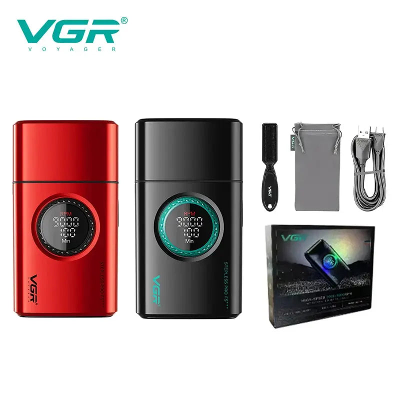 VGR Voyager two-shaver set, red and black alloy with LED display and 9000 RPM, includes brush, pouch, USB cable.