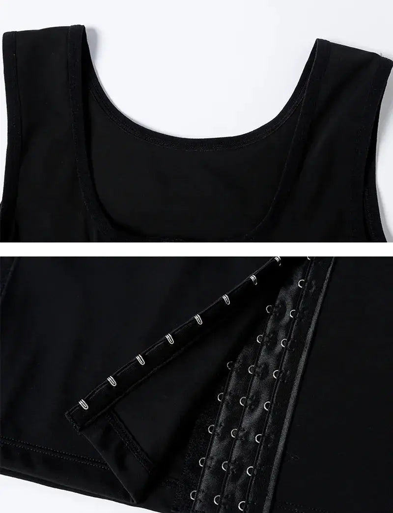Men's black gynecomastia shaper vest with side hook closures, chest control shapewear by Simples Market