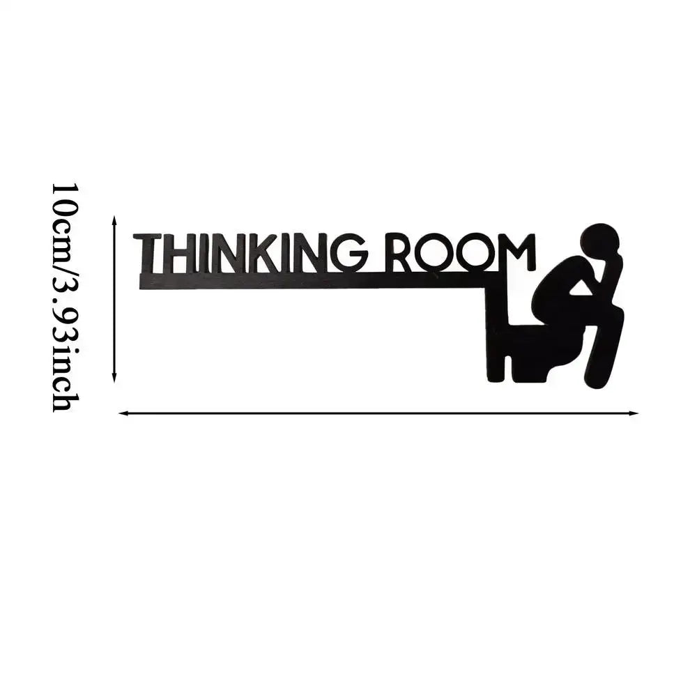 Wood door sign for bathroom with THINKING ROOM text and seated silhouette; black cutout decor