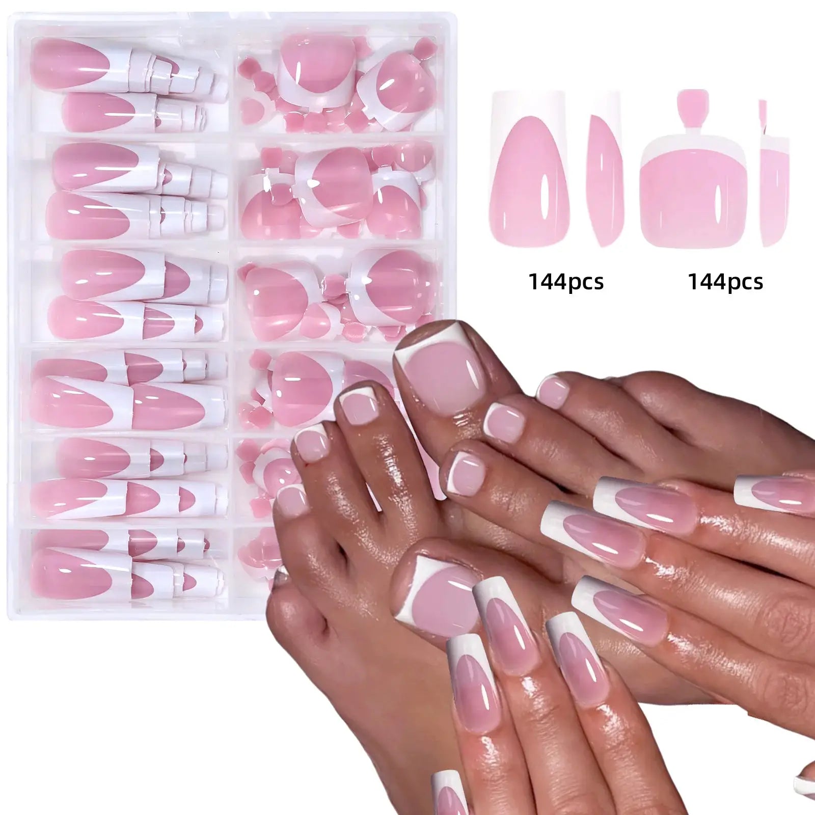 144 Pcs French Manicure Nail Set For Hands And Feet Summer Short Square Shiny Acrylic Full Coverage