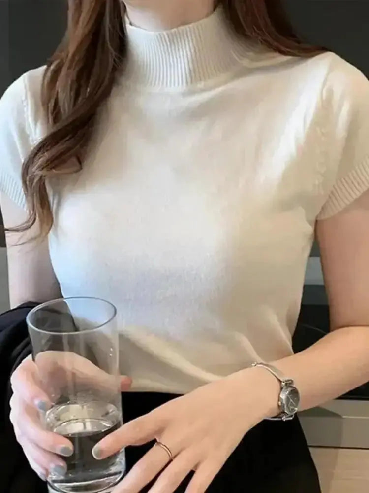 LunaVogue Women Half High Neck Tee Fashion Jumper Lightweight Chiffon Blend Breathable Spring Summer Style