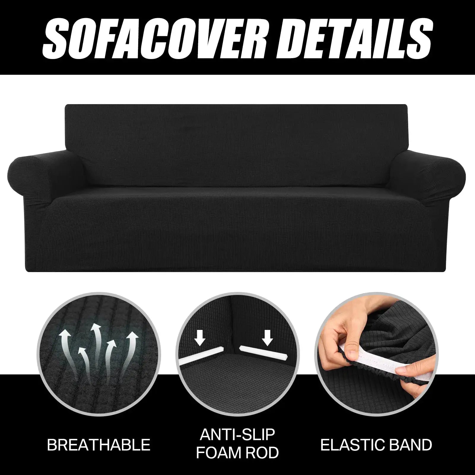 Joccun stretch couch cover by Simples Market in black; breathable, anti-slip with foam rod and elastic band.