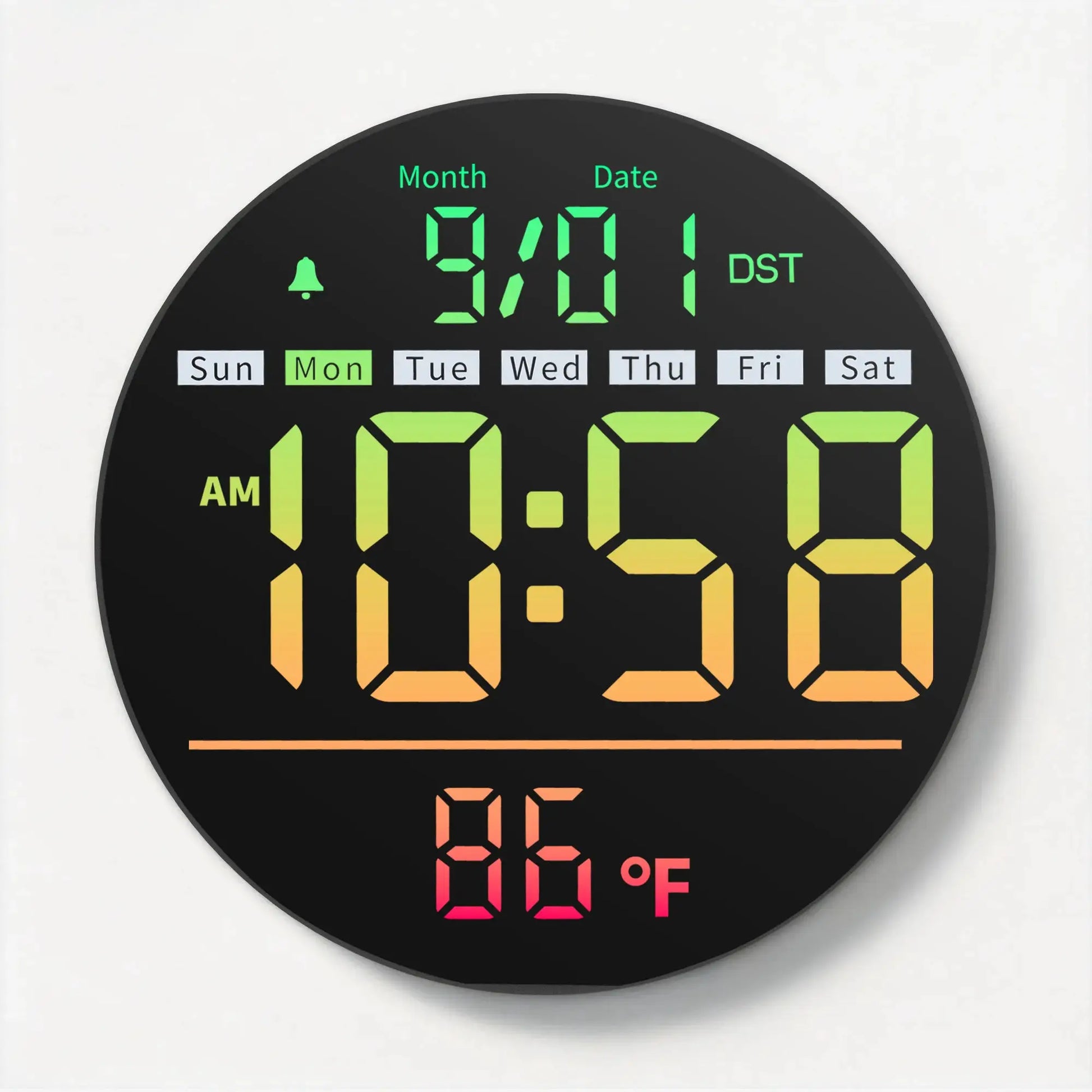 Simples Market 8-inch LED wall clock with date, day indicators and gradient green-to-orange digits