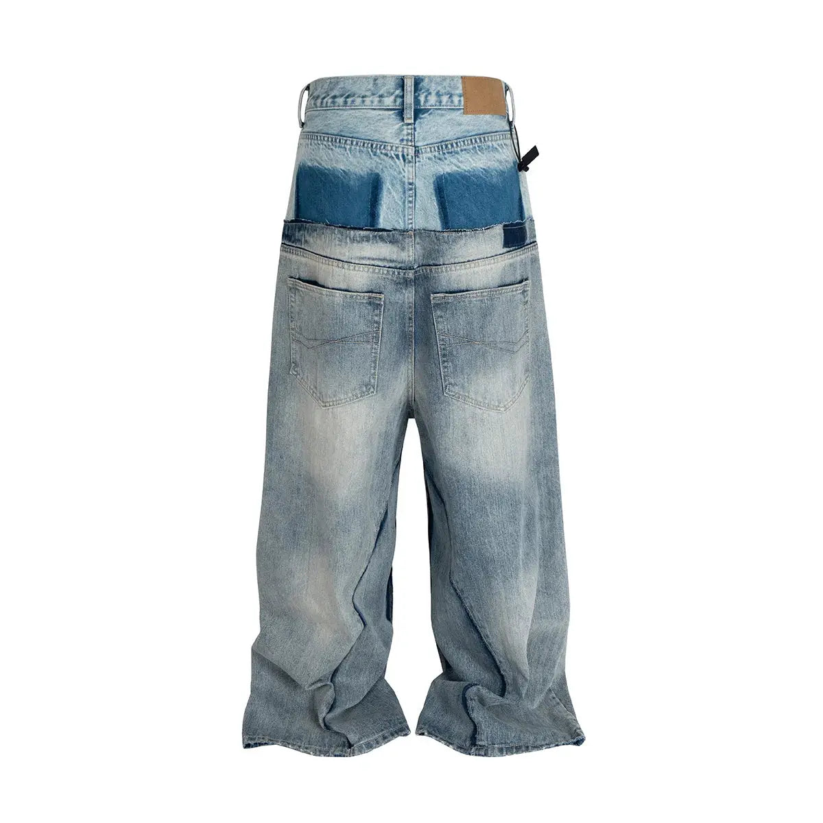 Simples Market CUT-UP baggy denim jeans with double-layer waist patchwork, light blue, back view