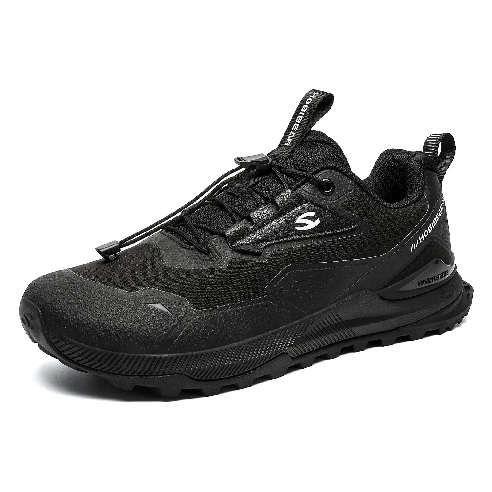 HOBIBEAR hiking shoe in black with elastic laces and rugged outsole