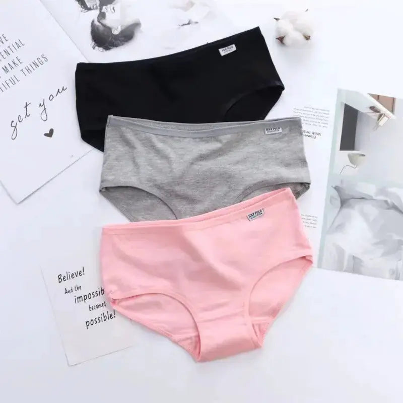 3-pack women's plus-size cotton briefs by Simples Market in black, grey, and pink