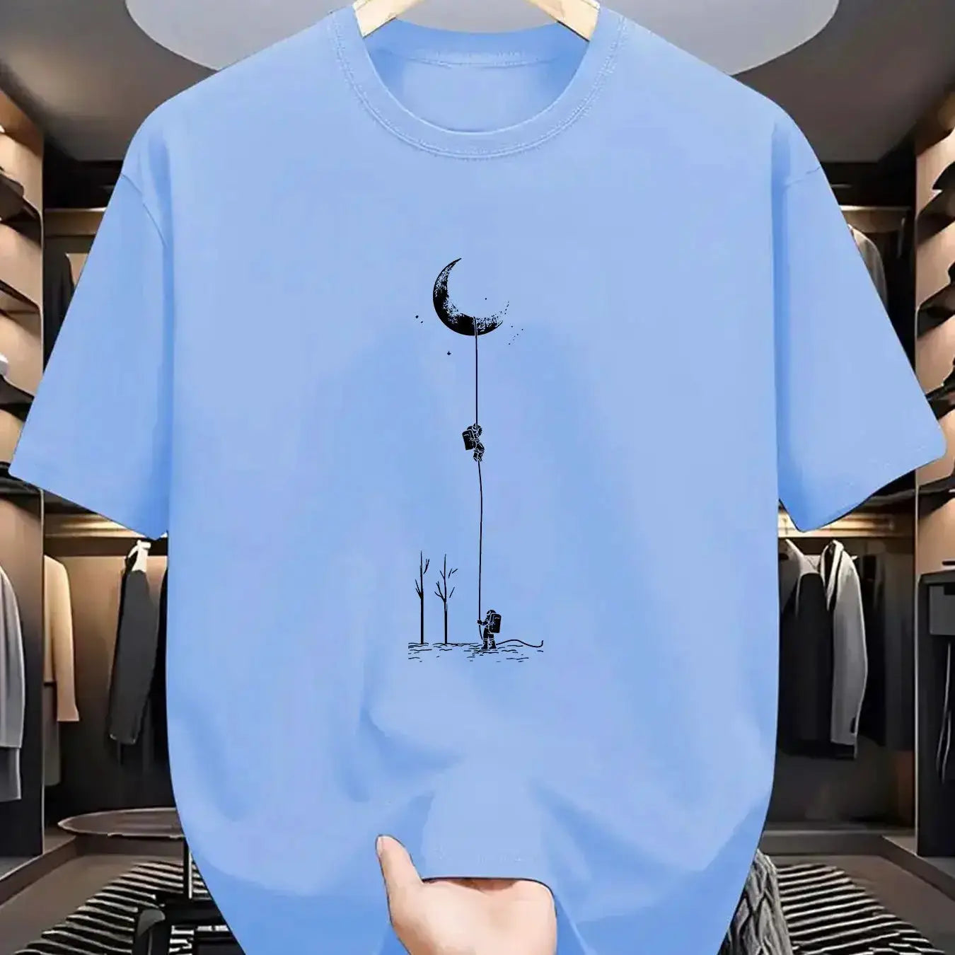 Summer Men's 100 Percent Cotton Casual Loose Fit Plus Size Moon Landing Pattern T Shirt Round Neck Short Sleeve