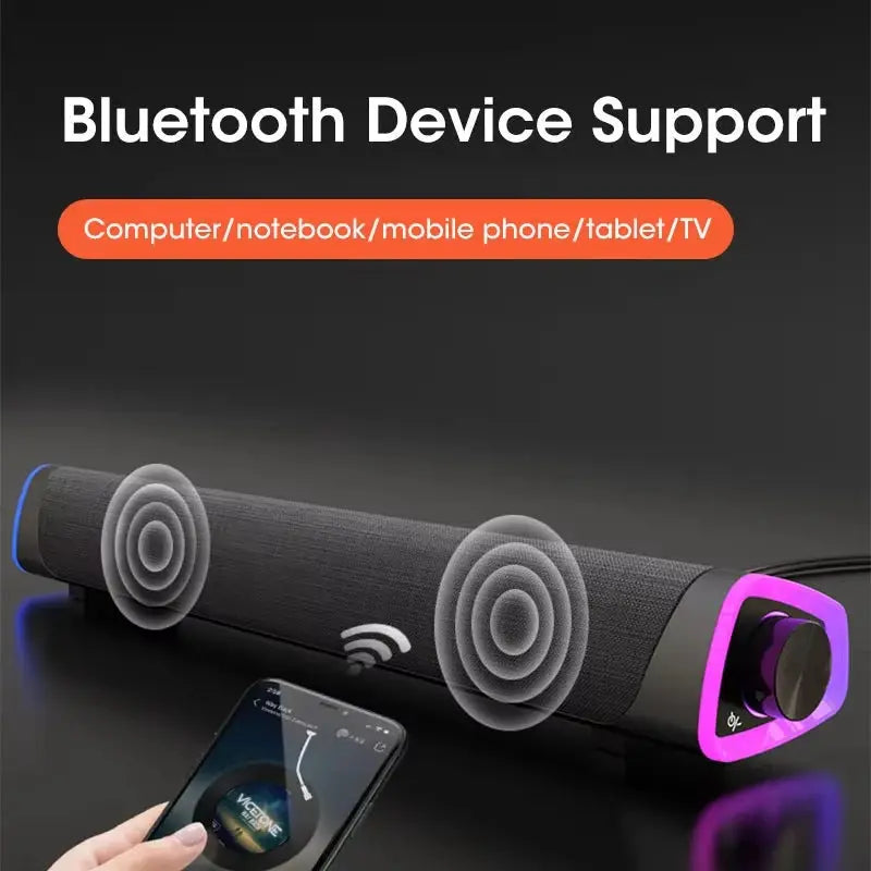 Niye Bluetooth speaker bar with subwoofer for PC, laptop, MacBook; black bar with purple edge and wireless icon.