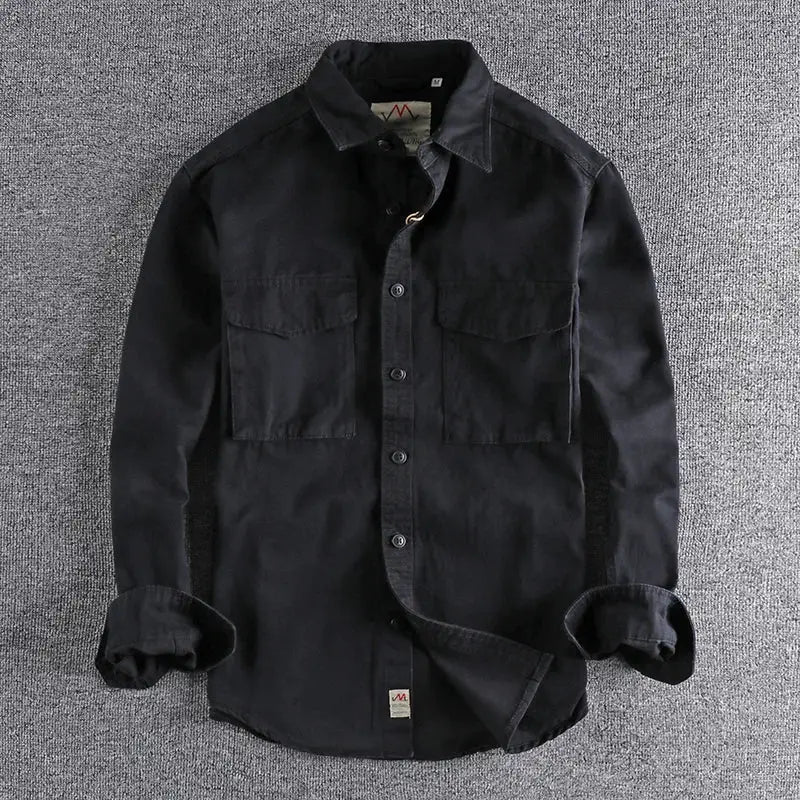 Simples Market men's black work shirt with two chest pockets, button-down front, rolled cuffs