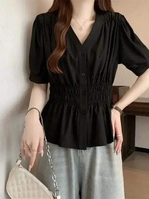 Black V-neck short-sleeve blouse with smocked elastic waist and button-front