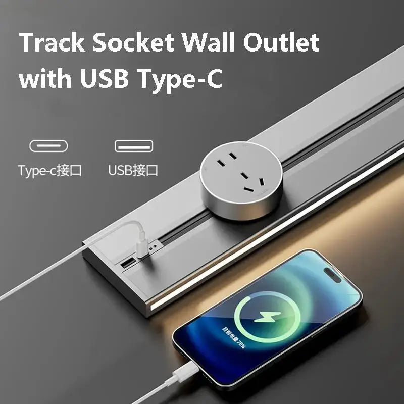Track Socket Wall Outlet with USB Type-C, surface-mounted removable rail, gray metal finish