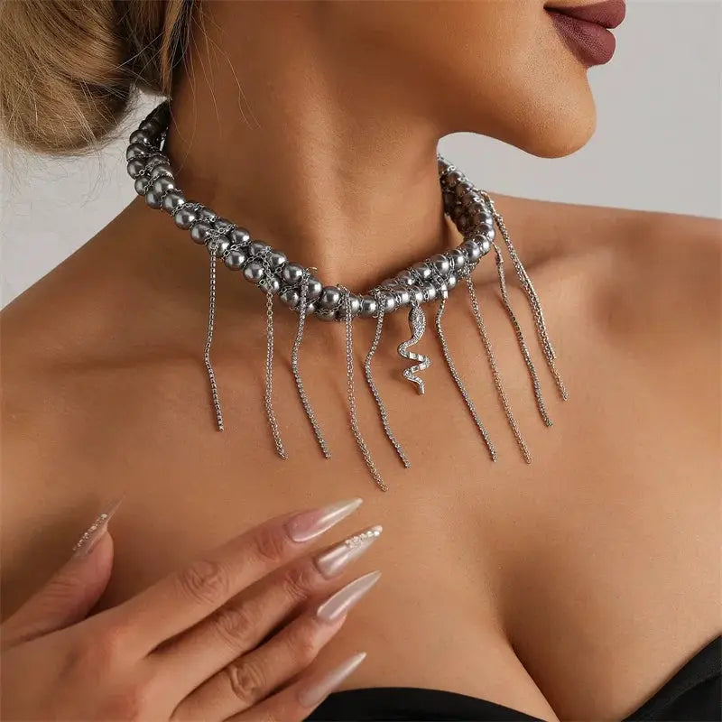 Y2K heart beaded necklace choker in silver-tone with dangling chains and snake charm