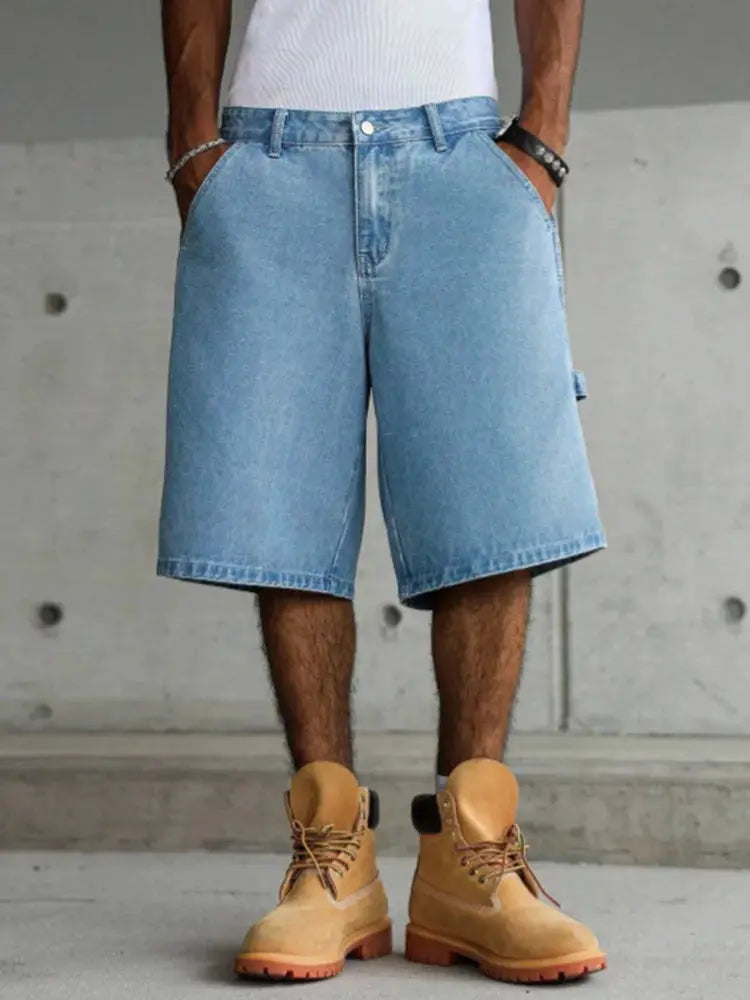 Men's light blue wide-leg denim shorts with utility pockets by Simples Market