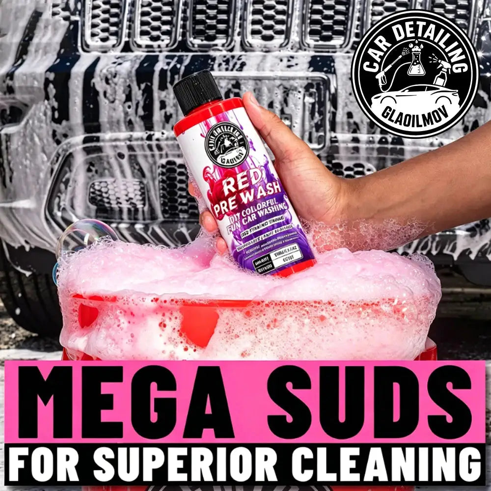 Red Pre-Wash car wash solution bottle by Simples Market with pink foam in suds on a car bumper