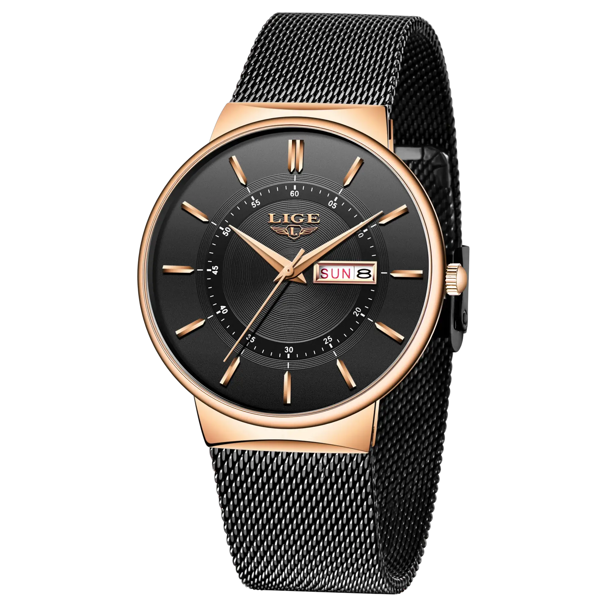 LIGE men's luxury watch with rose-gold case, black dial, date window, and stainless-steel mesh strap
