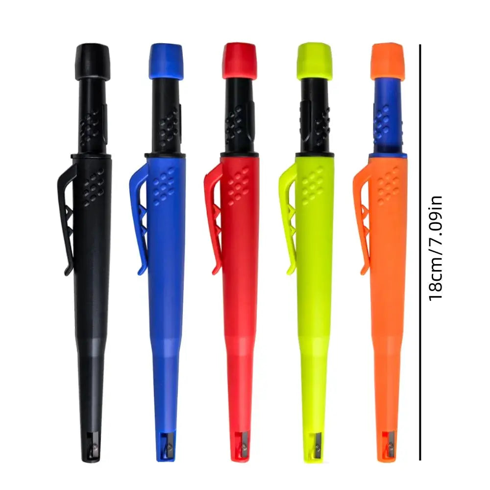 Set of five colorful carpenter pencils, black blue red lime orange, 18cm long with clips