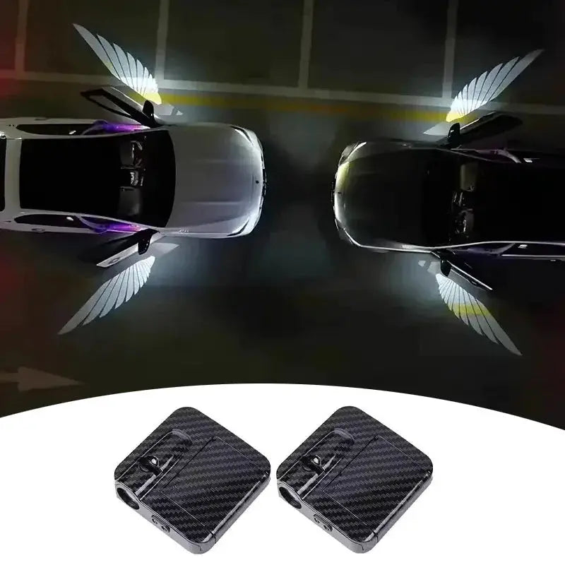 Wireless HD laser car door projector set, 2pcs, carbon-fiber, battery-powered LED welcome lights by Simples Market