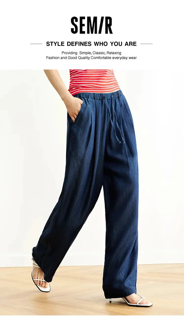 Semir Elastic Waist Denim Pants Women Draped Fit Wide Leg Trousers