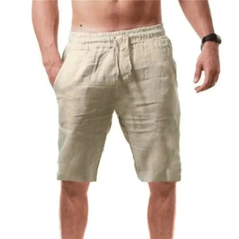 Men's cotton shorts, beige, knee-length with drawstring waist for breathable summer wear