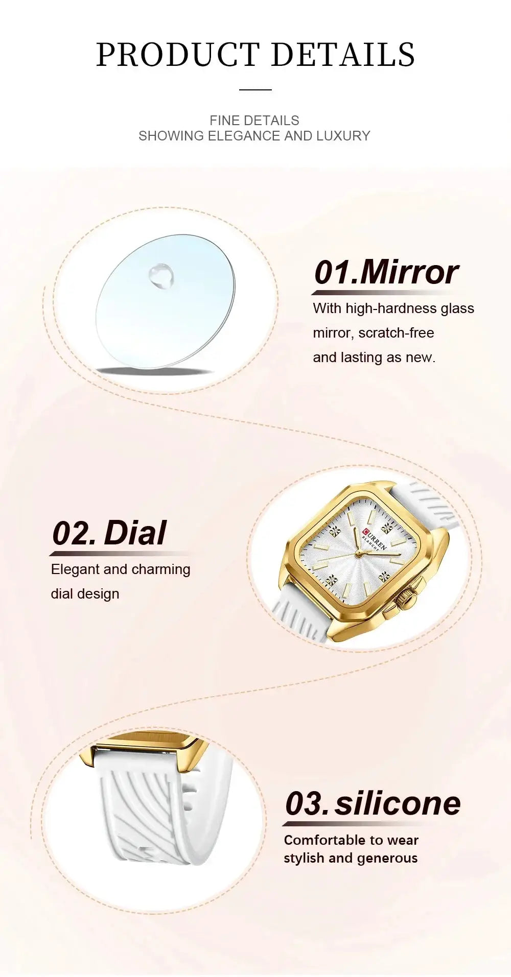 CURREN 9113 ladies' square quartz watch with gold-tone case and white silicone strap
