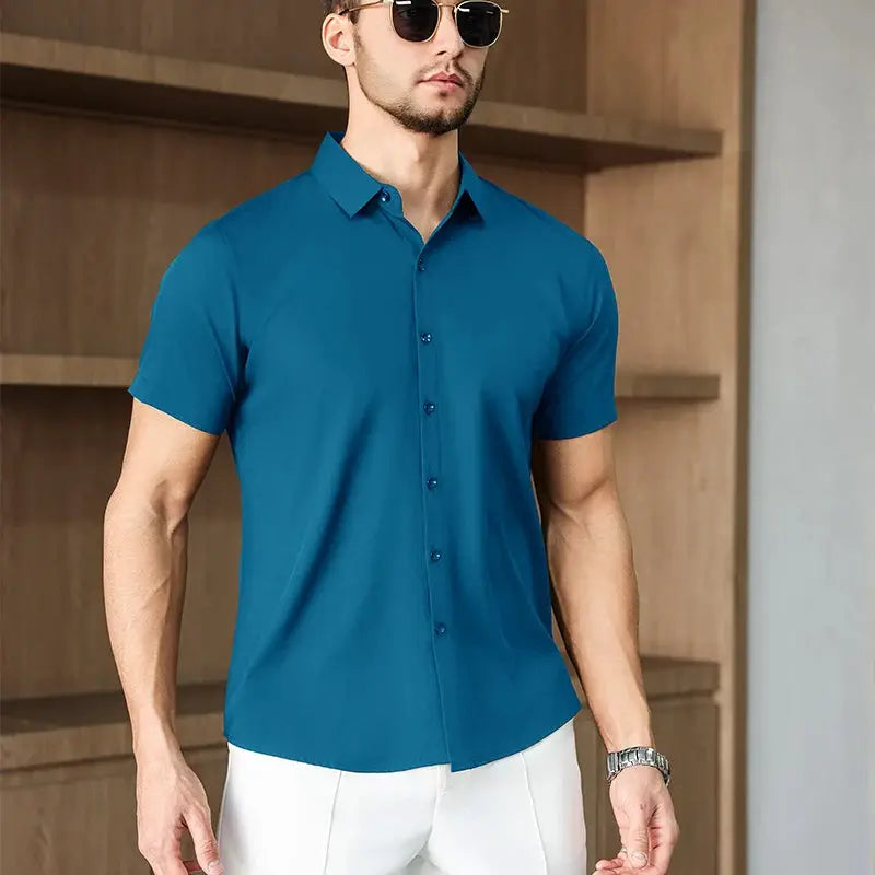 Men's blue short-sleeve button-down shirt, solid color, business casual style
