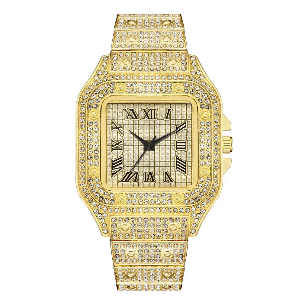 Classic Luxury Mens Steel Strap Square Rhinestone Quartz Watch for Elegant Business Timekeeping