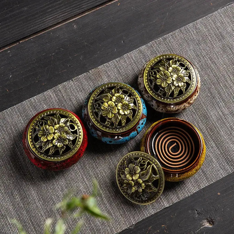 Ceramic Ice Crack Plate Incense Burner With Antique Copper Cover Aroma Diffuser Home Decor