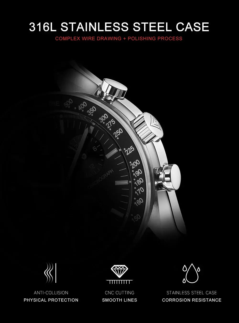 CADISEN VK68 men's chronograph wristwatch with stainless steel case and AR-coated sapphire crystal, black dial