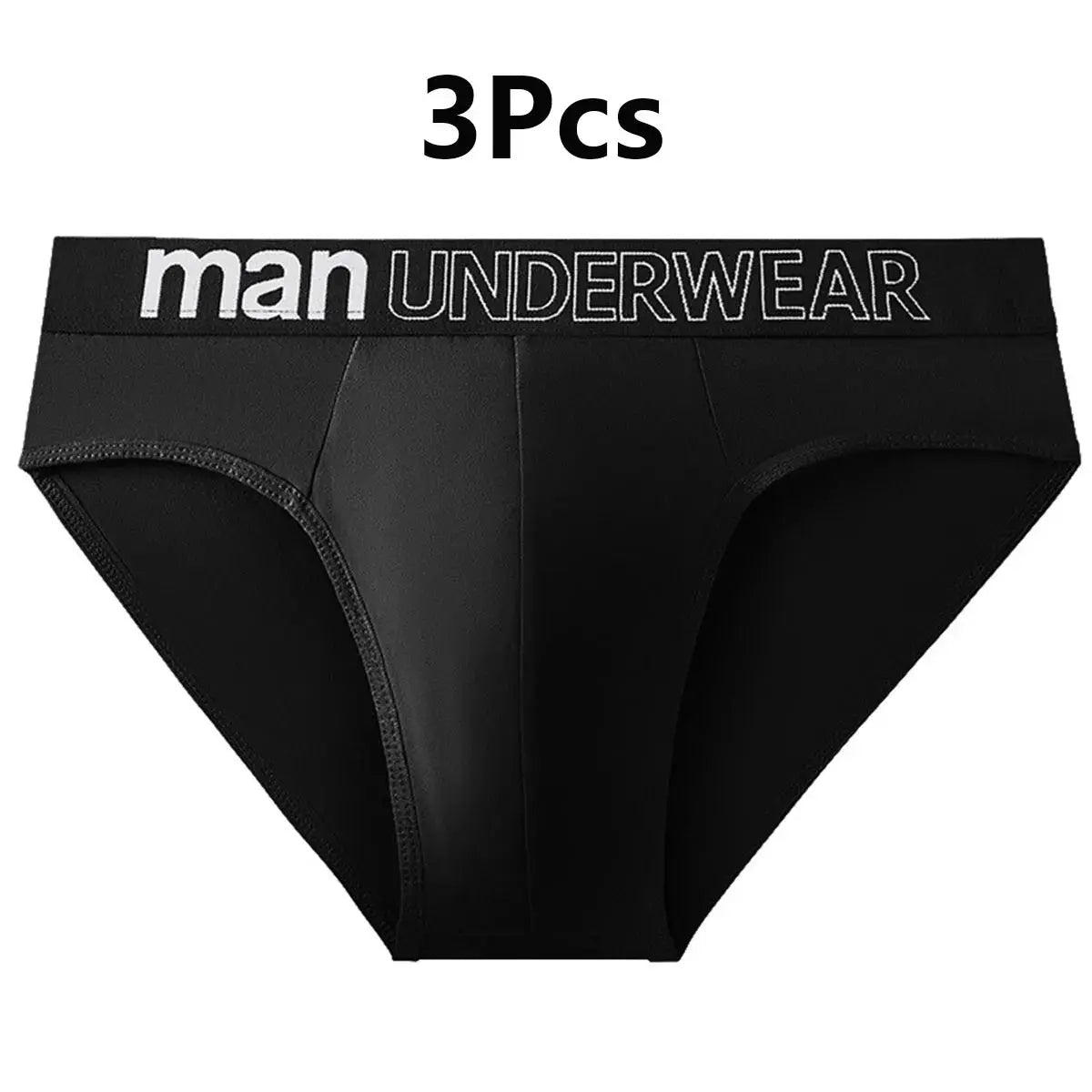 3-pack black men's briefs with a wide elastic waistband reading man UNDERWEAR