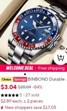 BINBOND men's stainless steel quartz watch with blue dial and red/blue Pepsi bezel; luminous, auto date.