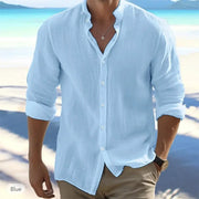 Cotton Linen Mens Long Sleeve Shirt Stand Up Collar Casual Beach Summer Solid Color Plus Size