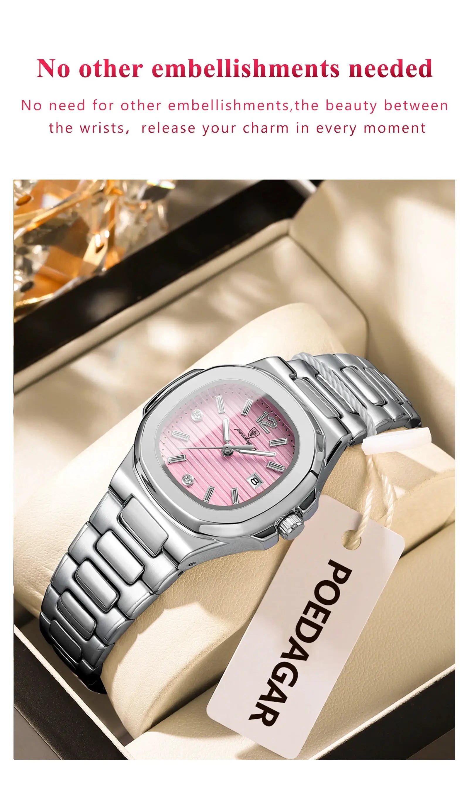 POEDAGAR square fashion women's wristwatch with pink dial and silver stainless steel band; date window, luminous hands.