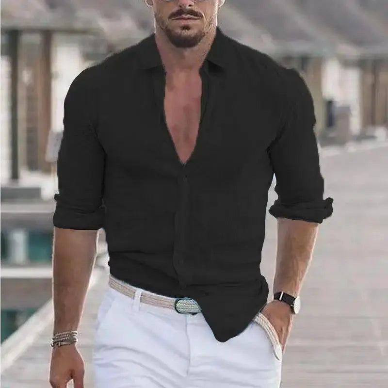 Men's solid black cotton-linen long-sleeve shirt by Simples Market
