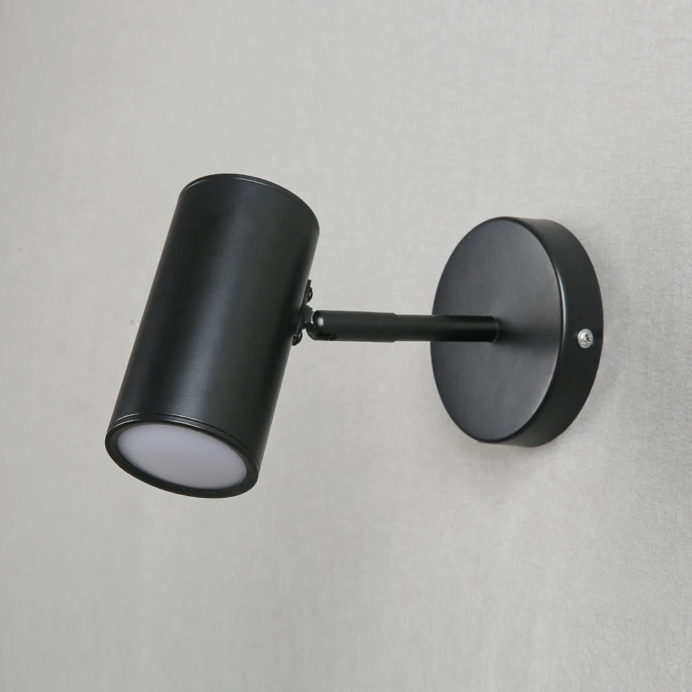 Nordic modern wall lamp, black metal cylindrical sconce with adjustable arm and round wall mount, LED