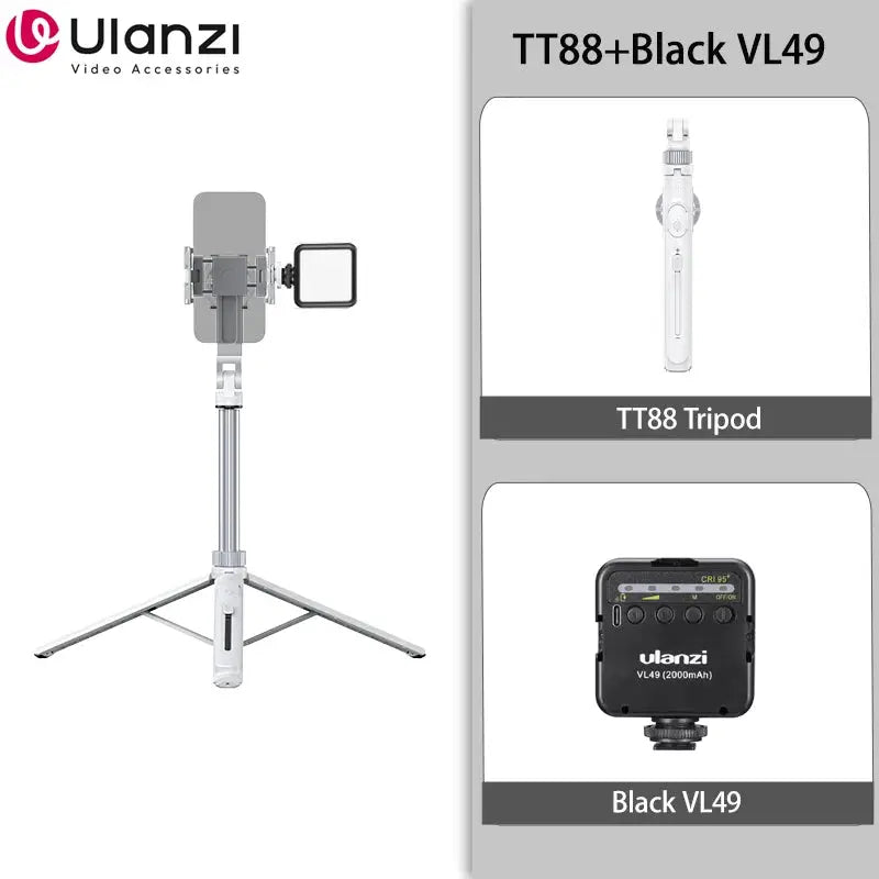 Ulanzi TT88 overhead selfie stick tripod with magnetic clamp and wireless remote; white unit and Black VL49 battery shown