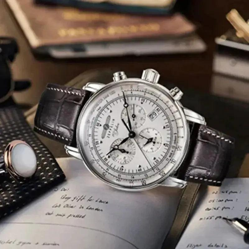 Zeppelin Airship Commemorative men's automatic watch with white dial and brown leather strap