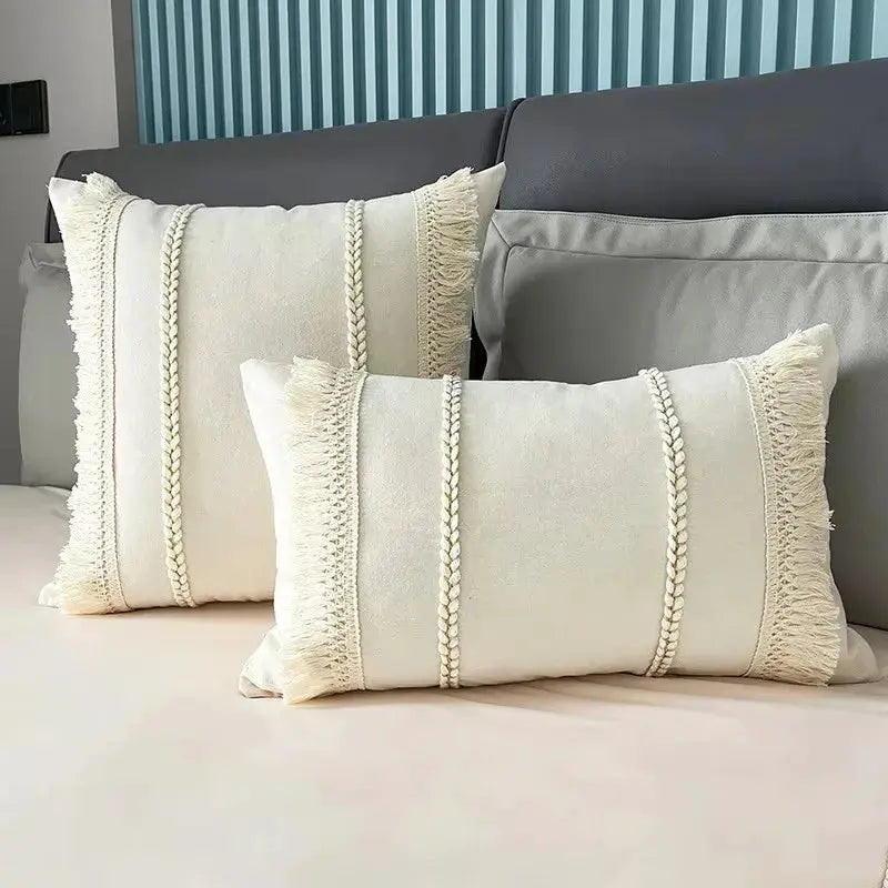 Bohemian tassel pillowcases by Simples Market, ivory knitted cushion covers with fringe trim, pair