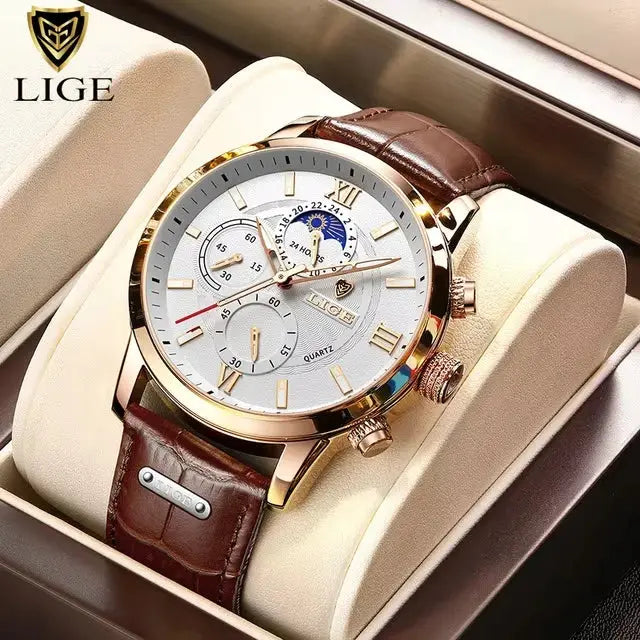 LIGE men's luxury quartz watch with brown leather strap and gold-tone case in box
