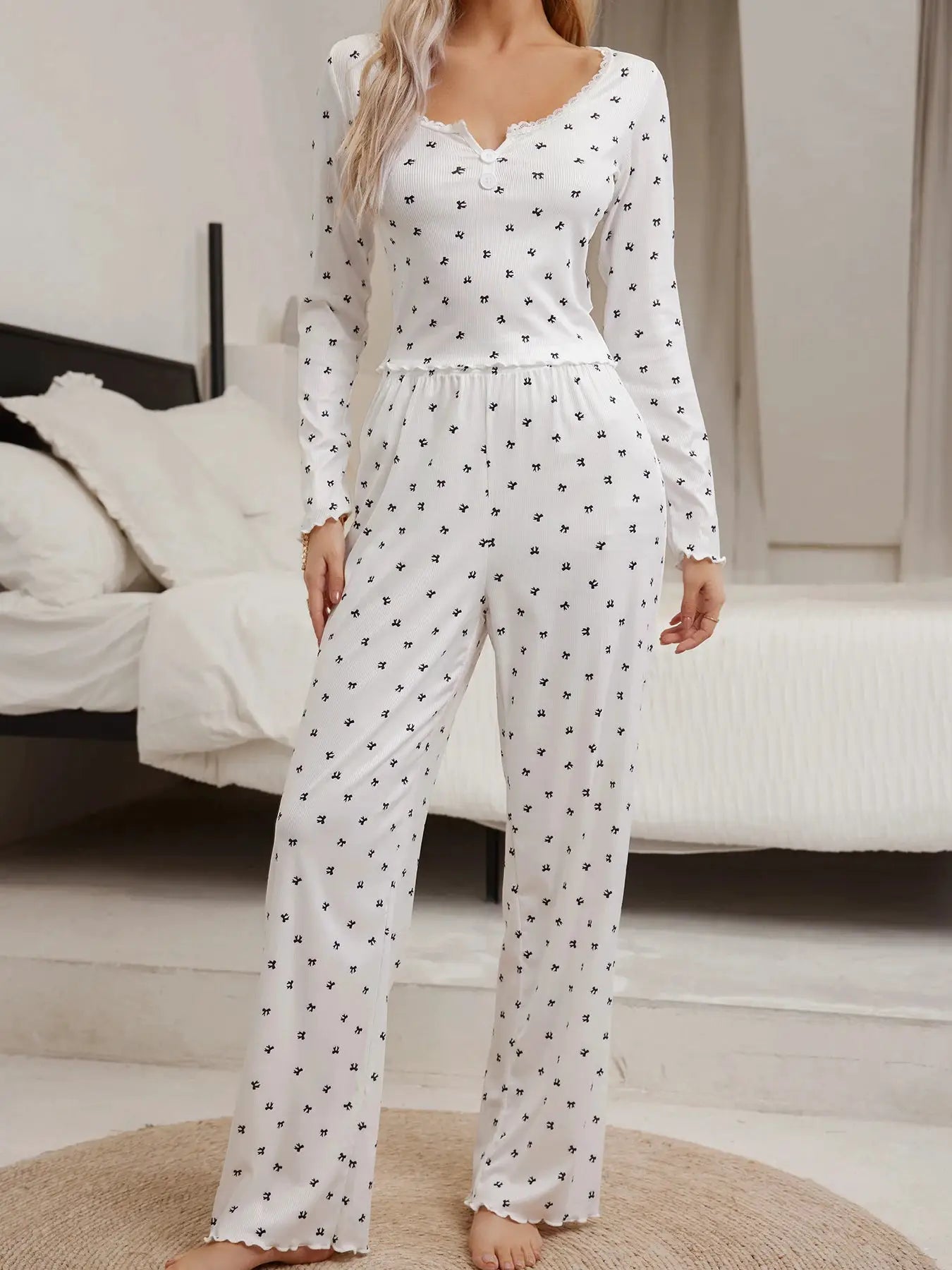 CosyNest Sleepwear Bowknot Print Lettuce Trim Top With Long Pant Autumn Cozy Rib Knit Loungewear Set