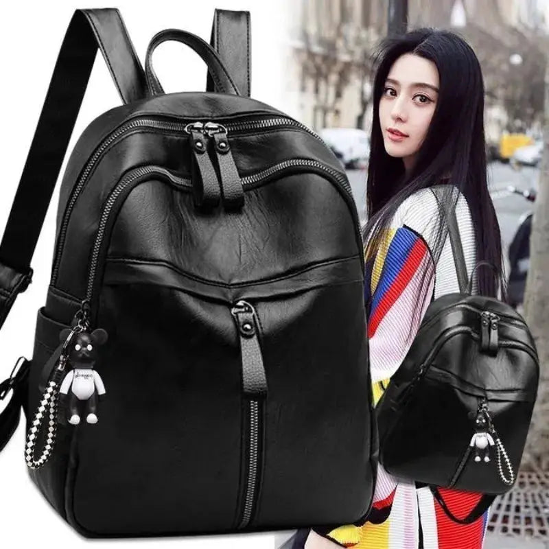 Bear backpack by Simples Market; black leather, two women's casual backpacks with bear keychain