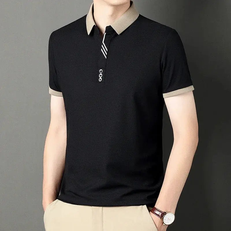 Men's black polo shirt with beige collar and cuffs, short sleeves, Simples Market