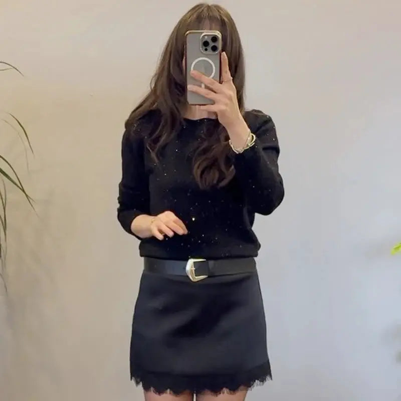 Simples Market HXAO satin lace mini skirt, black high-waist pencil style with lace trim on model