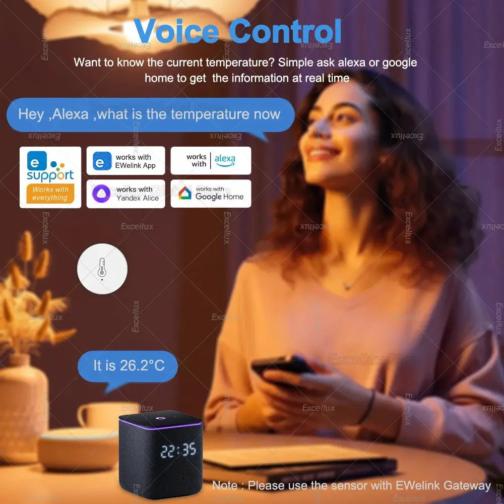 EWelink Zigbee temp/humidity sensor; black cube with purple edge glow, shows 26.2°C; works with Alexa/Google