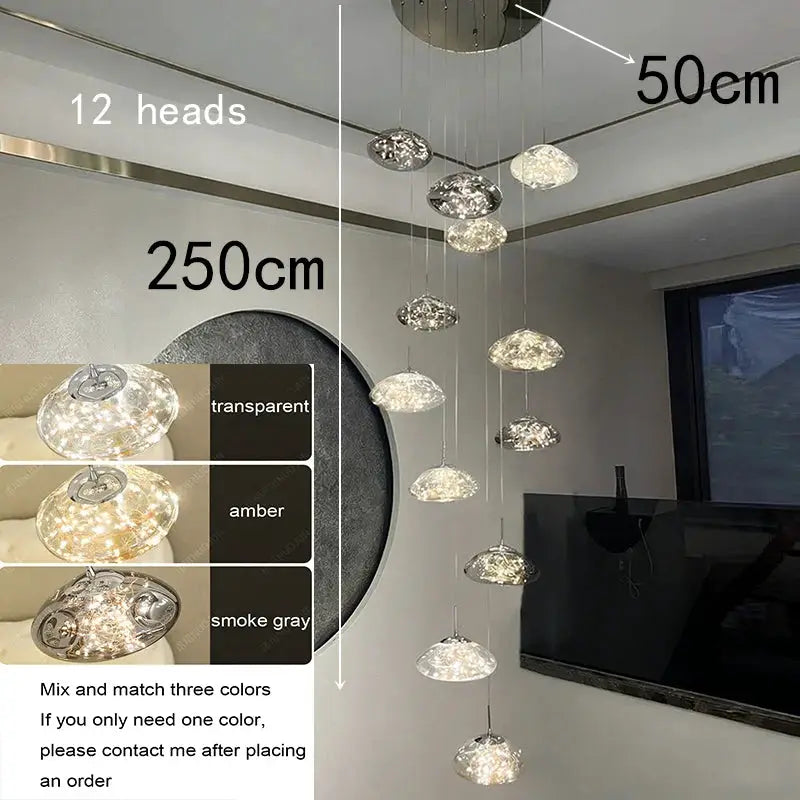 Simples Market 12-head clear glass pendant lights for dining room, LED chandelier, 50 cm drop