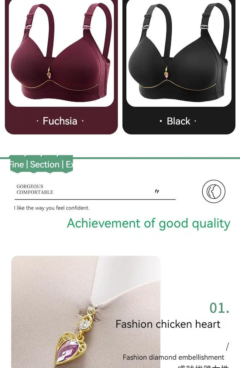 Bra, two-tone non-magnetic thin-cup glossy; large size, fuchsia and black; no underwire, breathable, gathered