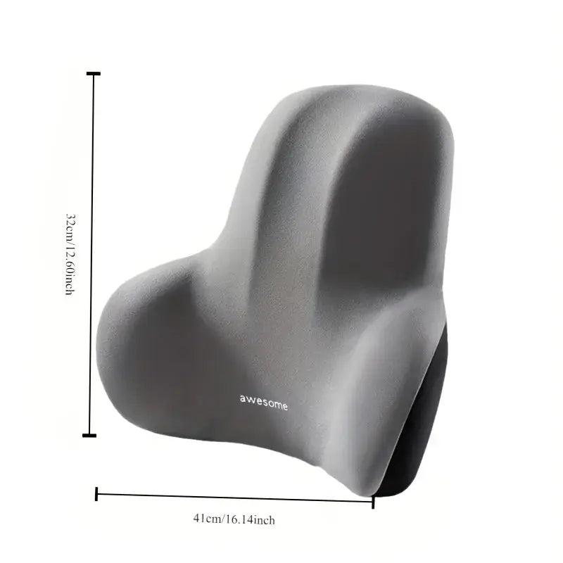 Memory foam office chair cushion with lumbar support, gray, washable cover; 41 cm wide by 32 cm tall.