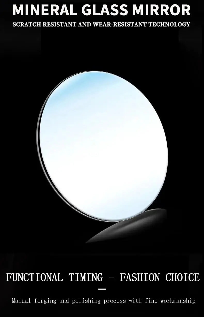 Men's BINBOND watch circular mineral glass mirror on black background