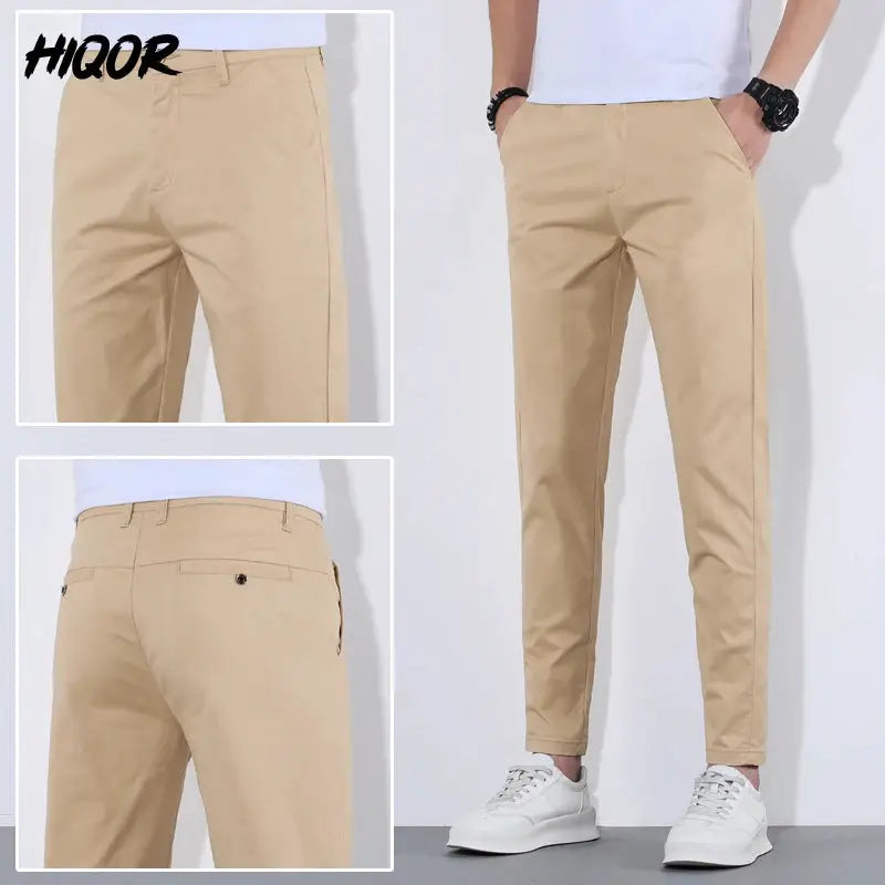HIQOR men's khaki cotton pants; beige casual long trousers, three-view collage front/side/back photos