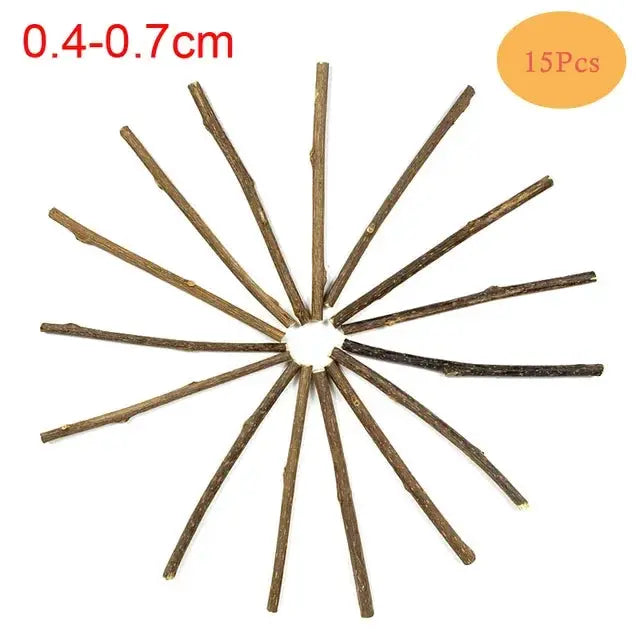 15 pcs matatabi cat chew sticks; natural brown silvervine dental chews for cats, 0.4–0.7 cm