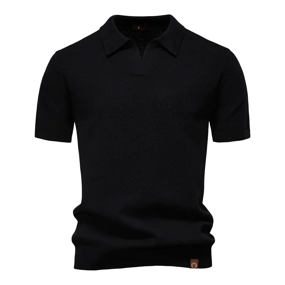Men's black short-sleeve golf polo shirt with textured knit fabric, Simples Market solid color